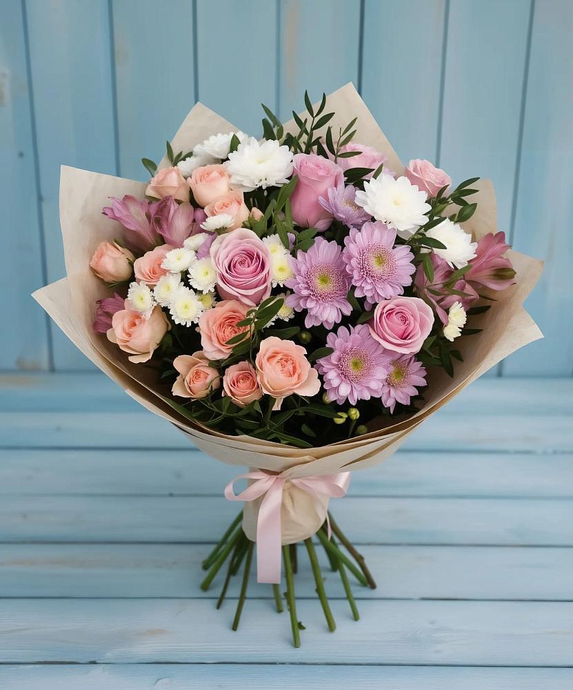 Букет цветов из: Хризантемы, Розы и Альстромерии в Мечётинской