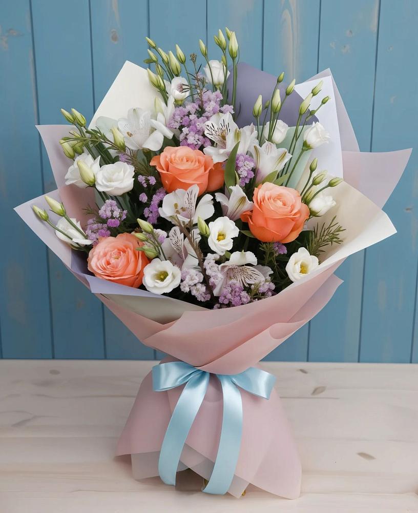 Букет цветов из: Лизиантусы, Розы, Альстромерии и Гипсофила в Мечётинской