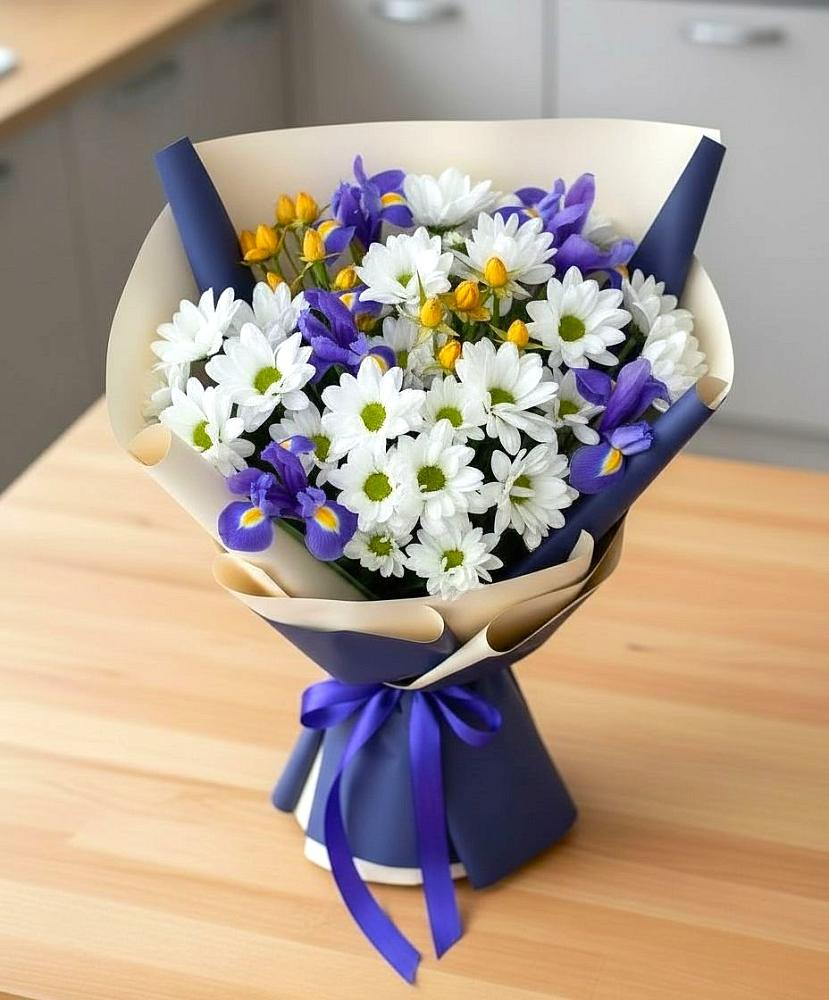 Букет цветов из: Розы, Ирисы и Хризантемы в Мечётинской