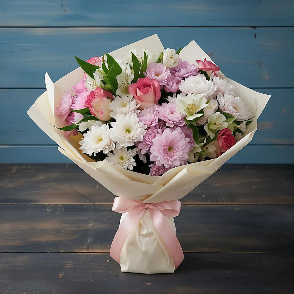 Букет цветов из: Хризантемы, Альстромерии и Розы в Мечётинской